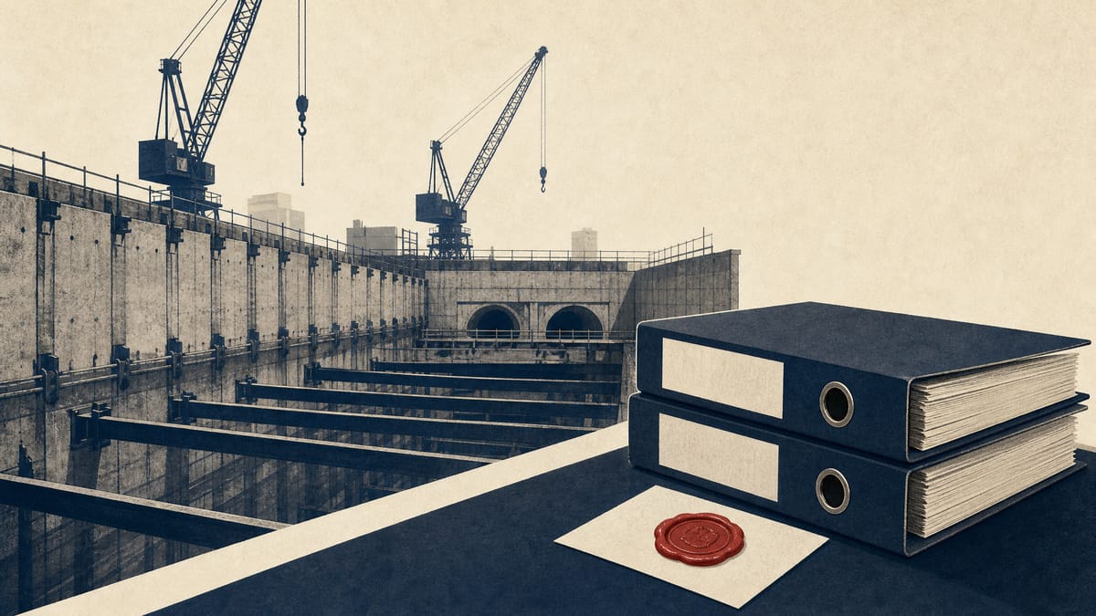 Illustration of an underground station excavation site with steel shoring and cranes, alongside a stack of compliance binders and a small red wax seal on a site table, symbolizing regulatory scrutiny of a construction contract.