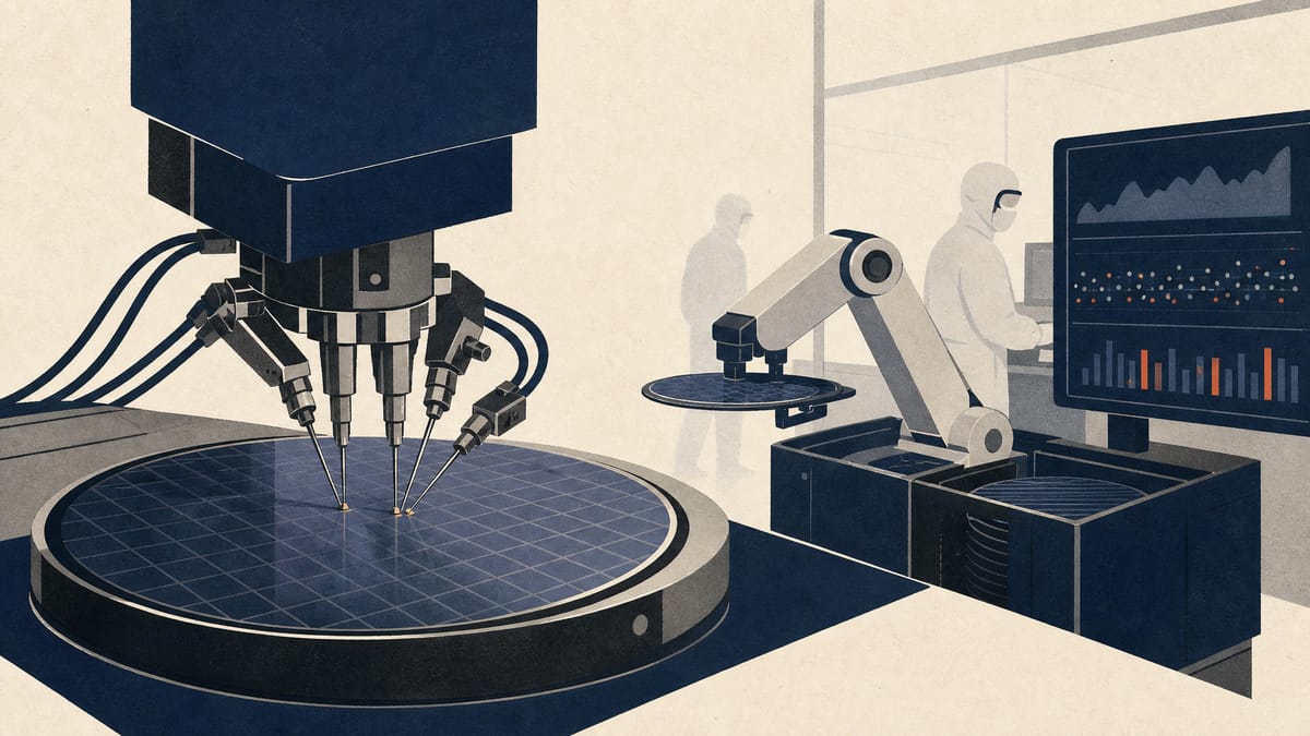 Illustration of a semiconductor wafer-testing cleanroom with probe stations and robotic wafer handlers.