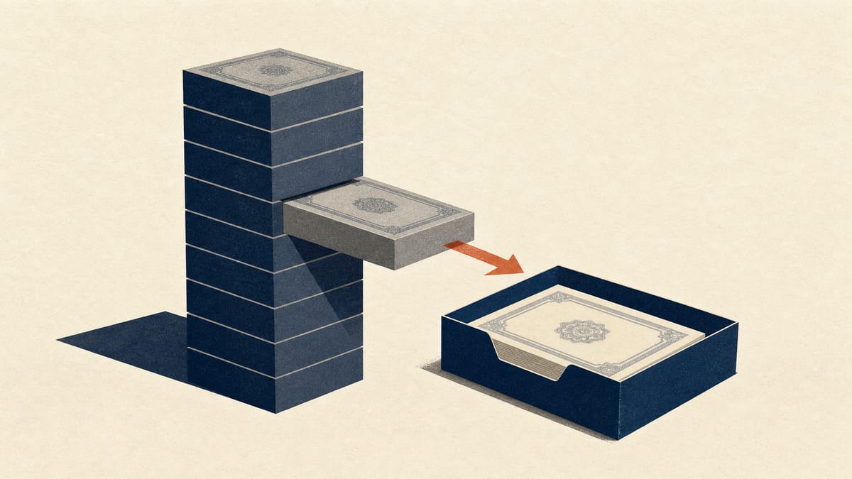 Illustration of one shareholding block sliding out of a stacked column of ownership blocks toward a ledger tray, symbolizing a cross-shareholding sale.