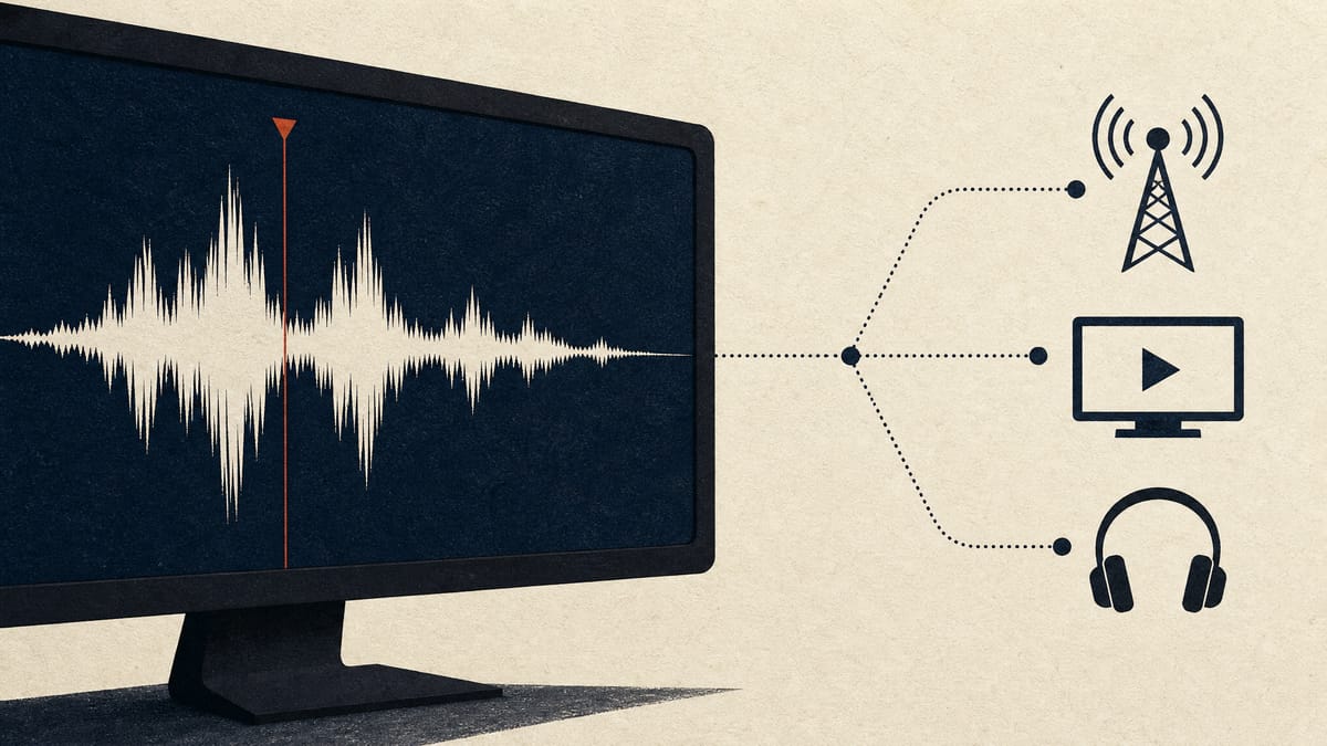 Illustration of an audio waveform on a screen with thin lines connecting it to broadcast and streaming icons, representing a stock-music licensing and royalty platform.