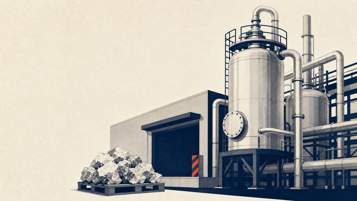 Illustration of a chemical plant with steel reactor vessels, pipelines and stacked mineral ore, representing new hydrofluoric acid production capacity.