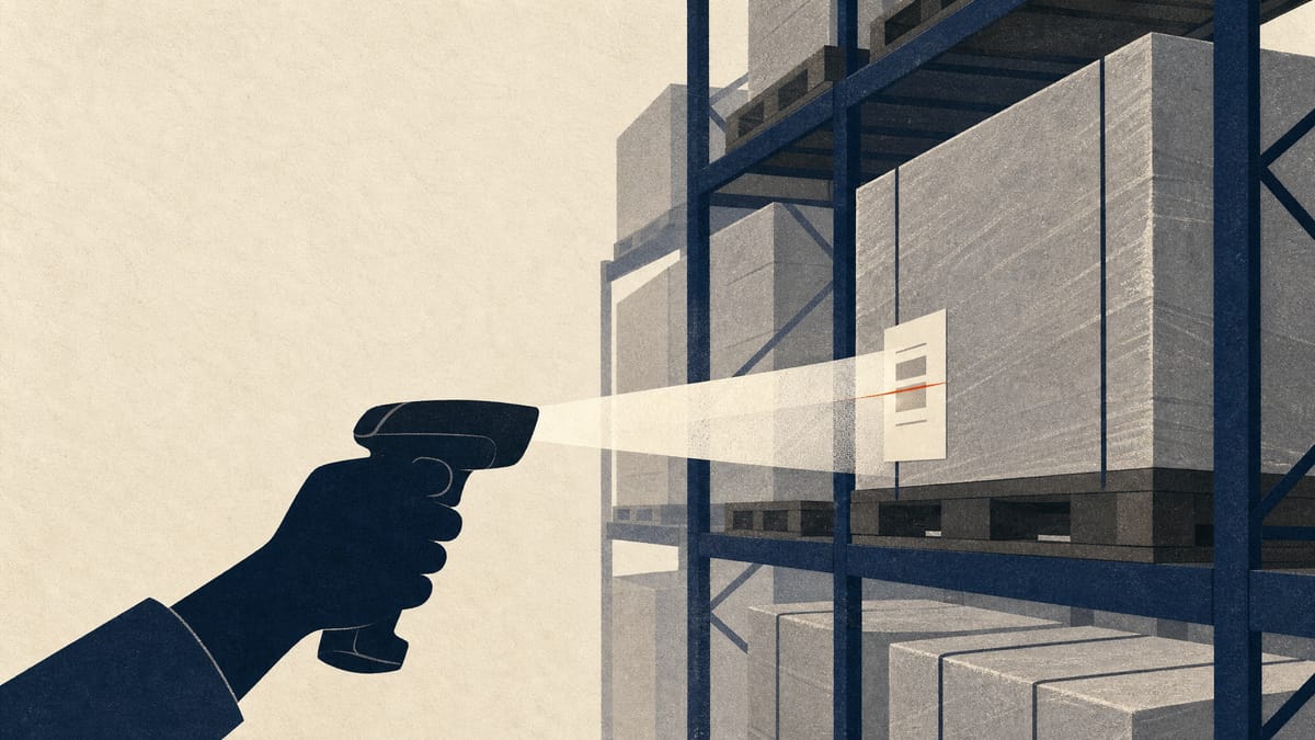 Illustration of a warehouse aisle with stacked industrial equipment crates and a barcode scanner beam sweeping over pallet tags, representing an inventory valuation review.