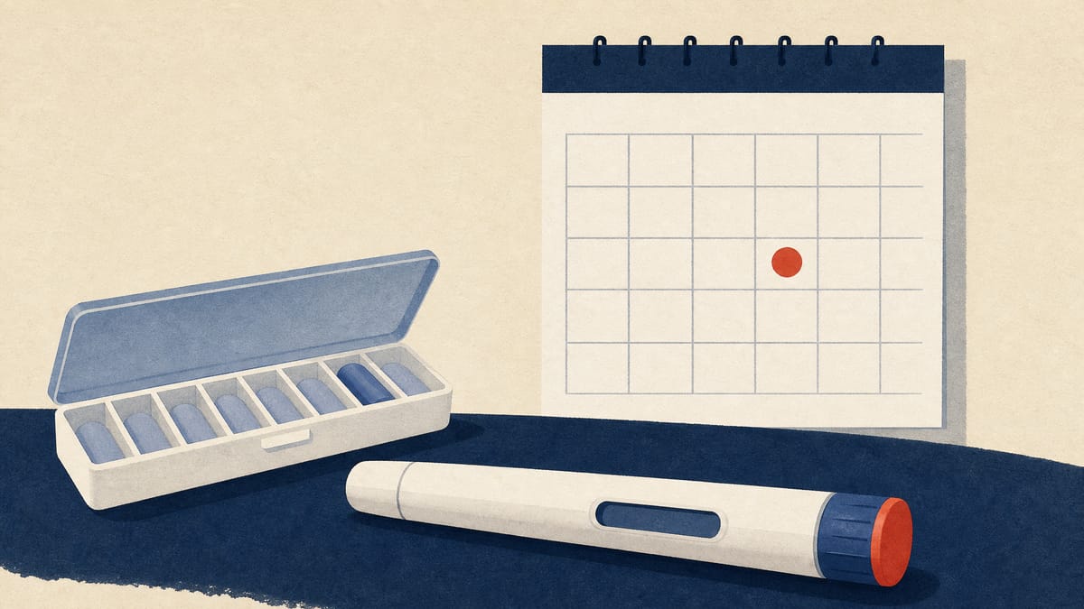 Illustration of an autoinjector pen, a home medication organizer, and a weekly calendar representing at-home self-administered Alzheimer's treatment.