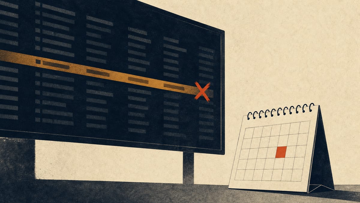 Illustration of a stock exchange ticker board with one listing flagged for delisting next to a calendar marking the removal date.