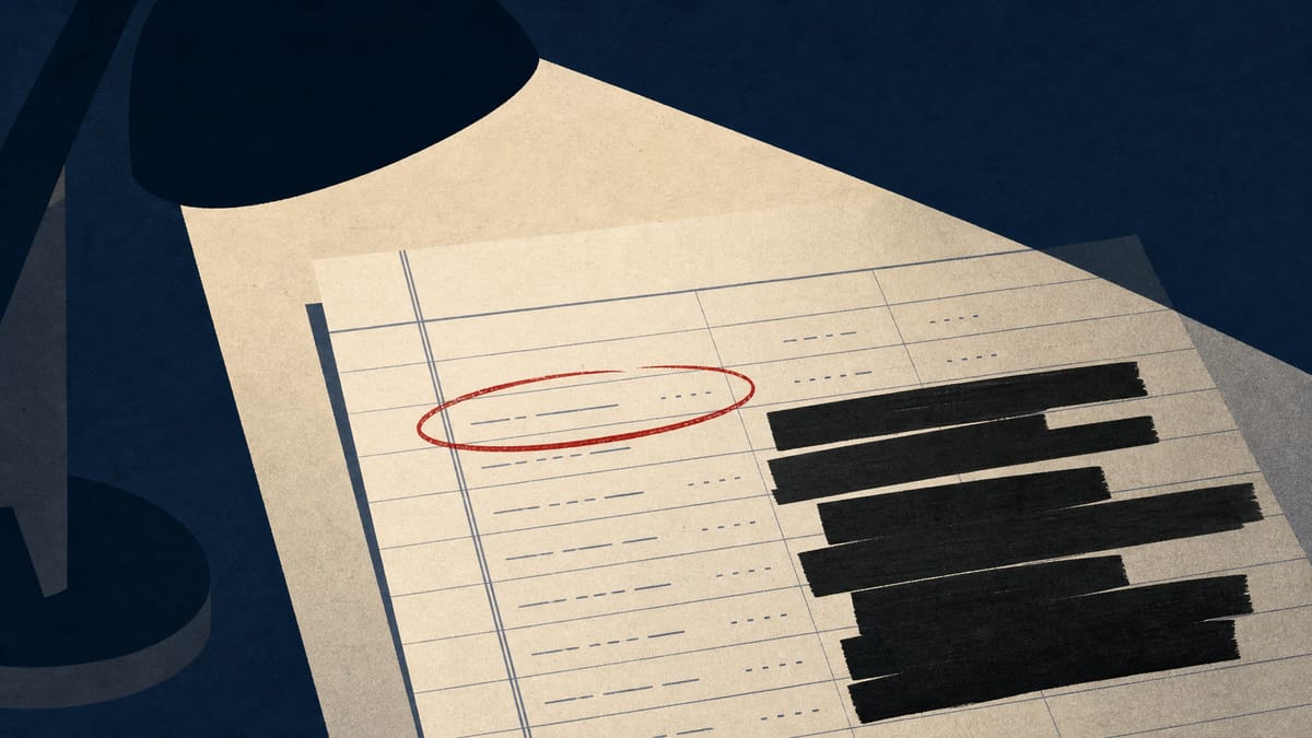 Illustration of a ledger page with one entry circled in red and part of the page redacted, symbolizing an audit committee finding a fabricated transaction.