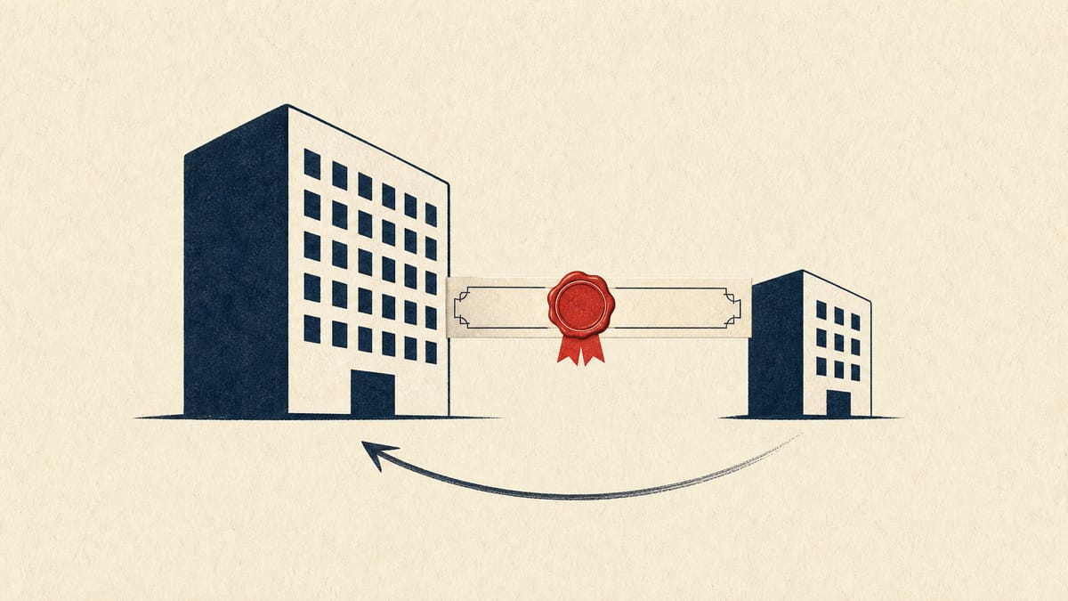 Illustration of a parent company and a smaller group-company building linked by a bond certificate with a guarantee seal and a report arrow between them.