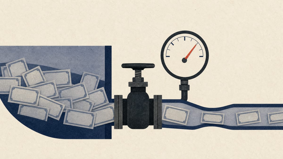 Illustration of a valve and gauge controlling the flow of redemptions from a pool of investment-trust units.