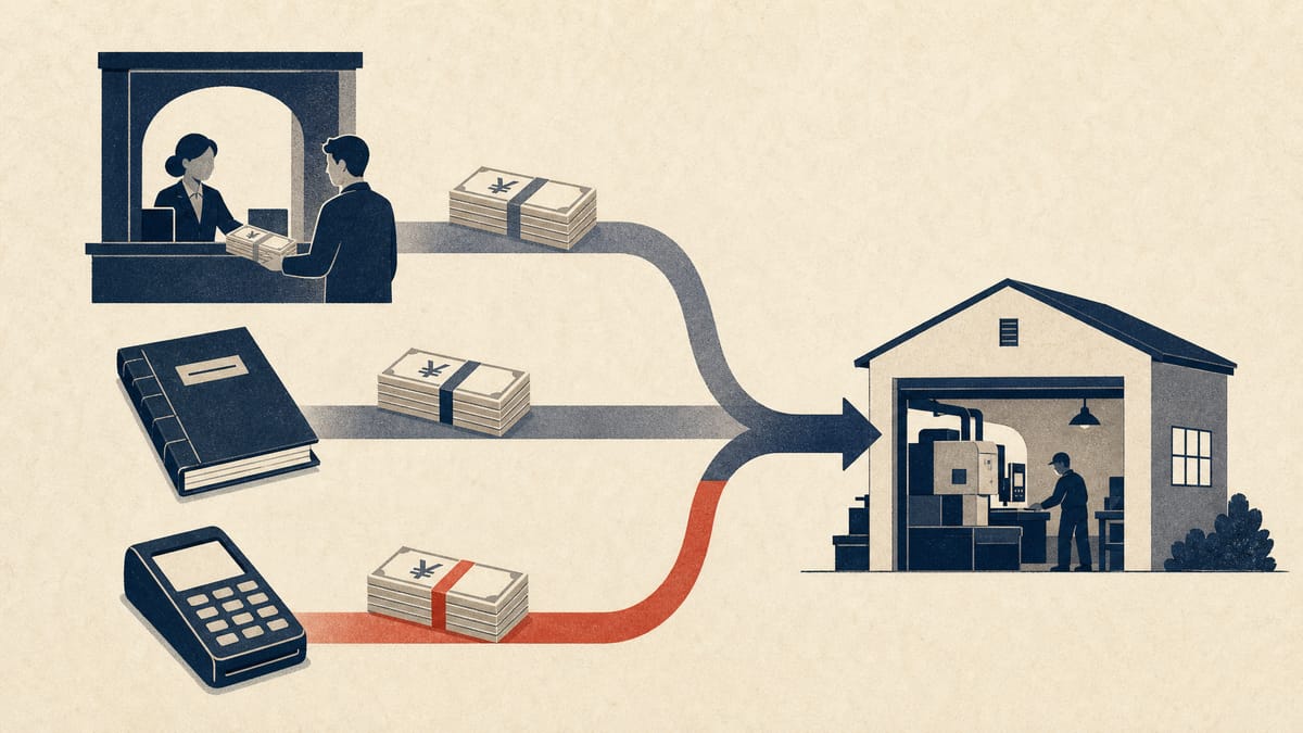Illustration of separate funding channels, bank counter, private-credit ledger, and fintech terminal, converging into a small growth company's workshop, symbolizing Japan's review of business-lending rules.