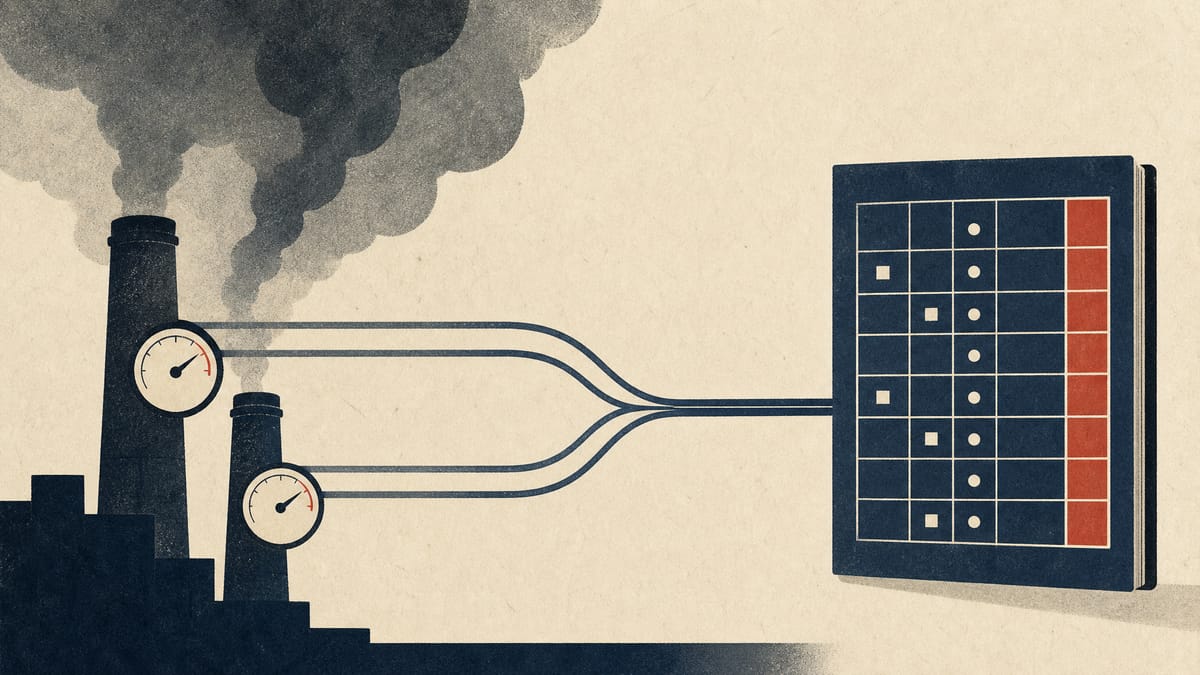 Illustration of factory emissions gauges feeding into a merged compliance-ledger data stream, representing two overlapping Japanese climate-disclosure reporting systems combining into one.