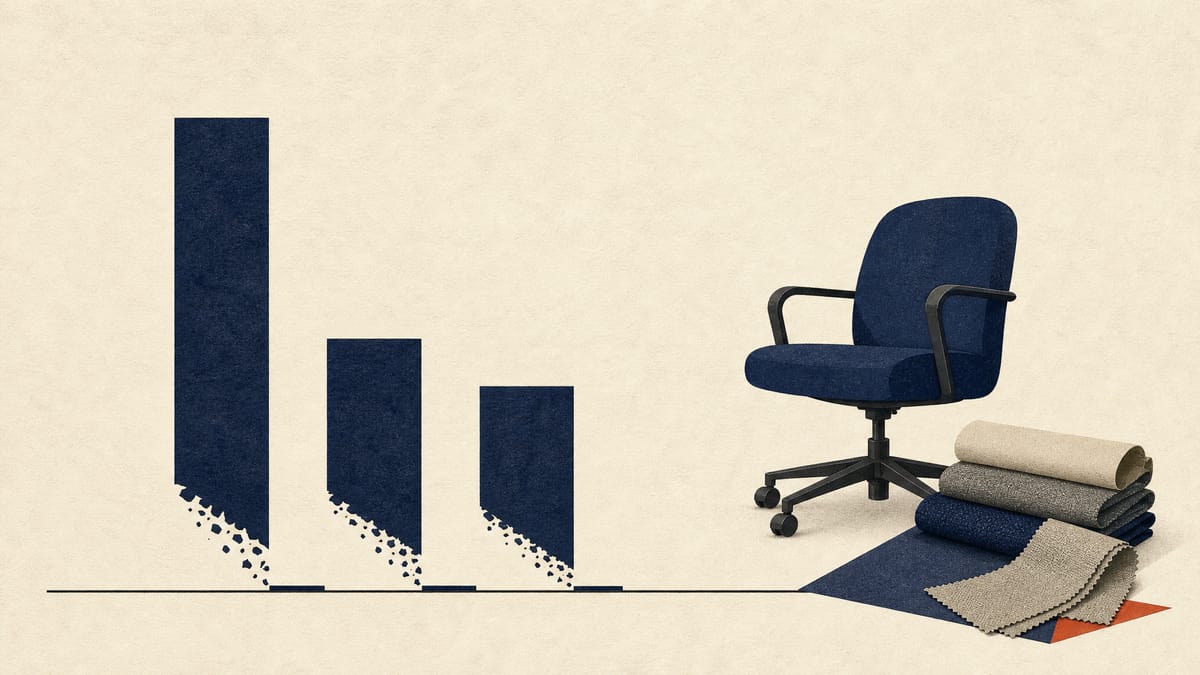 Illustration of three ownership-stake bars shrinking to zero next to stacked office furniture, representing a private-equity shareholder exit at a newly listed interior-solutions company.
