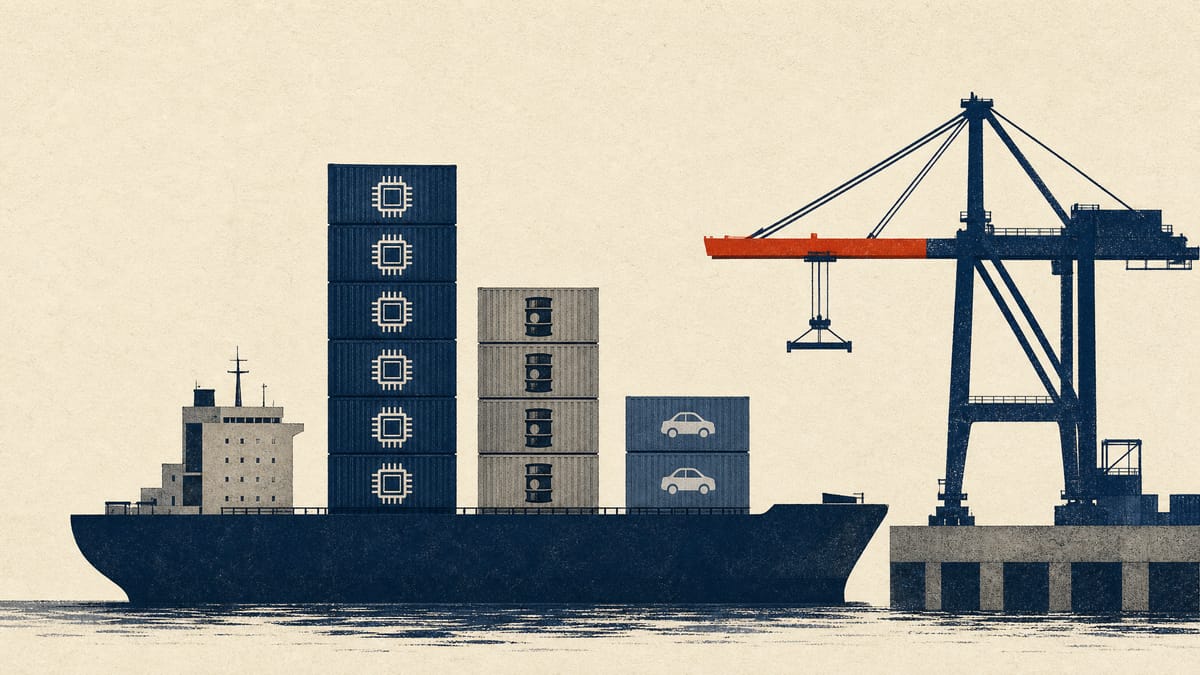 Editorial illustration of a Japanese port with shipping containers representing Japan's surging exports and imports, arranged like an uneven bar chart to suggest a widening trade gap.