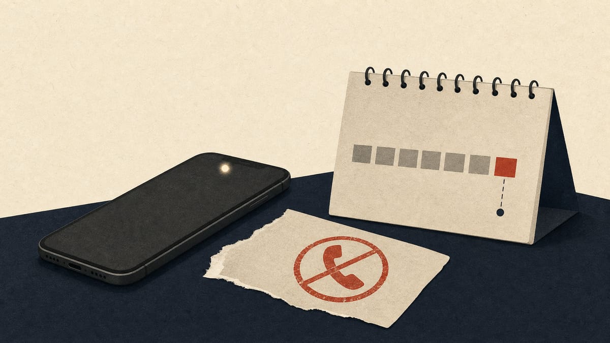 Editorial illustration of a smartphone, a return label, a compliance stamp and a countdown calendar page, symbolizing new rules for chat-based sales pitches and cancellation rights.