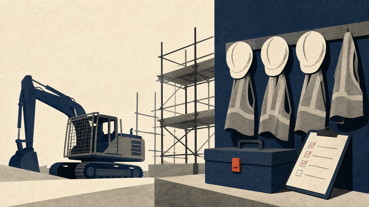 Illustration of a construction site with guarded machinery, safety gear and an inspector's checklist, representing a labor-standards enforcement review of workplaces employing foreign workers.