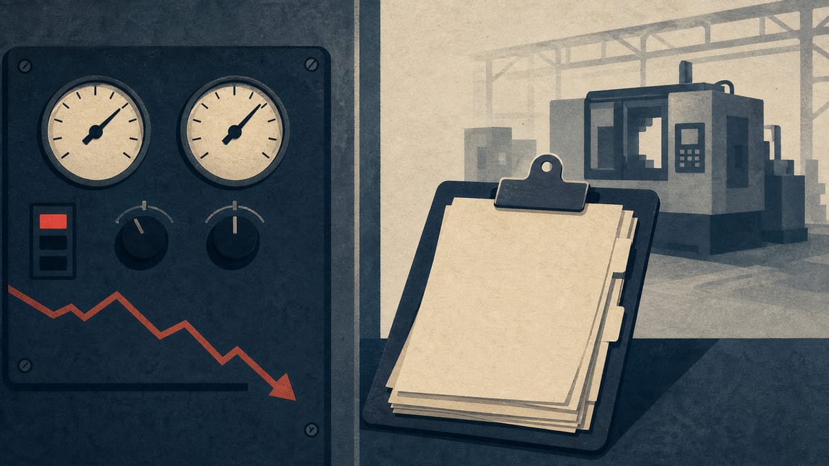 Editorial illustration of factory gauges and equipment order tickets representing Japan's fluctuating machinery orders data.