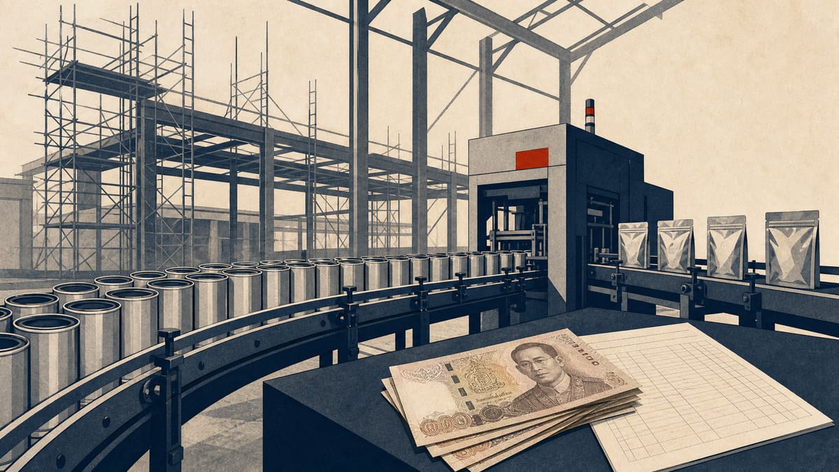 Illustration of a pet food factory production line under construction in Thailand with Thai baht banknotes symbolizing local-currency financing.