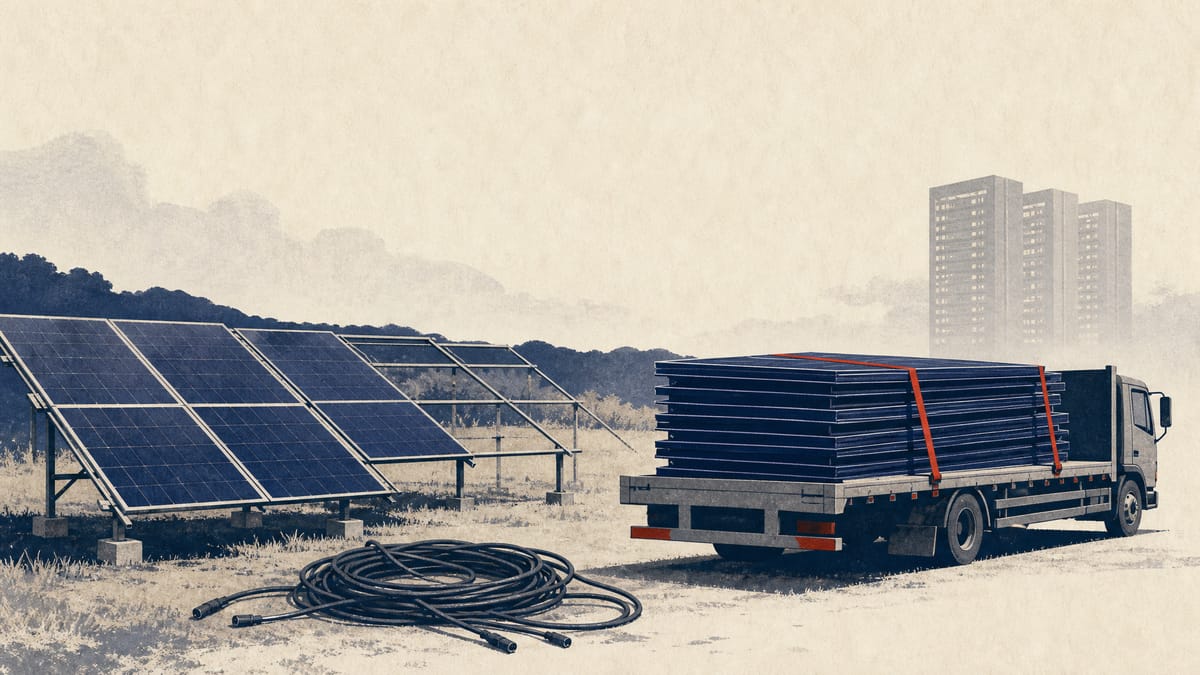 Illustration of a solar farm being partly dismantled, with panels loaded onto a truck, symbolizing a company's exit from its solar power business.