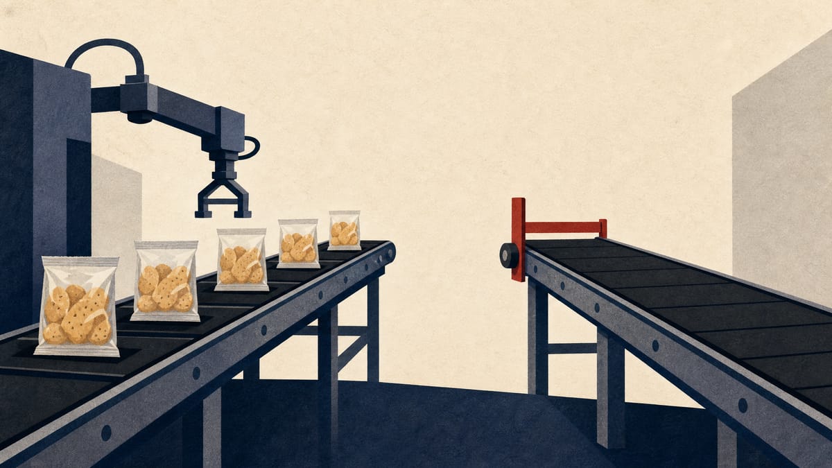 Illustration of a rice-cracker factory conveyor line with one belt stopped, symbolizing a company withdrawing from a joint manufacturing venture.