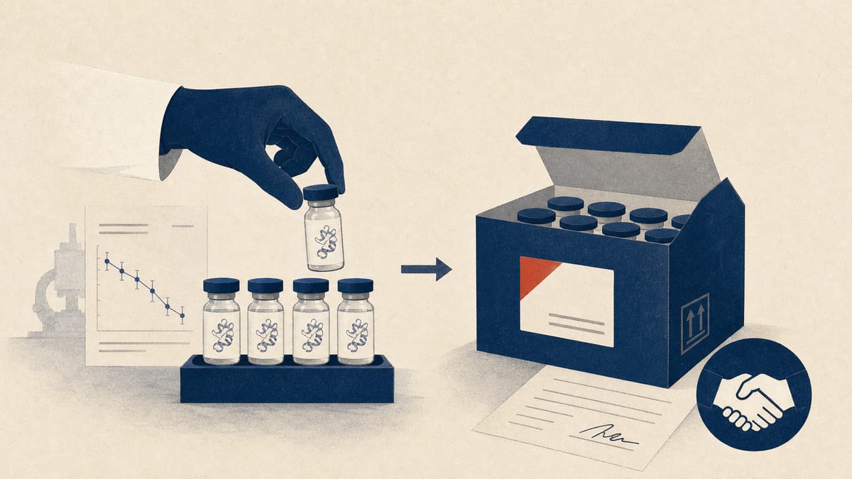 Illustration of glass vials being handed from a small biotech lab into a larger pharmaceutical distribution crate, alongside faint financial ledger lines representing a licensing payment.