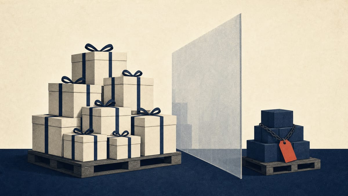 Illustration of gift boxes stacked on warehouse pallets, divided by a partition symbolizing inventory separated from retained debt.