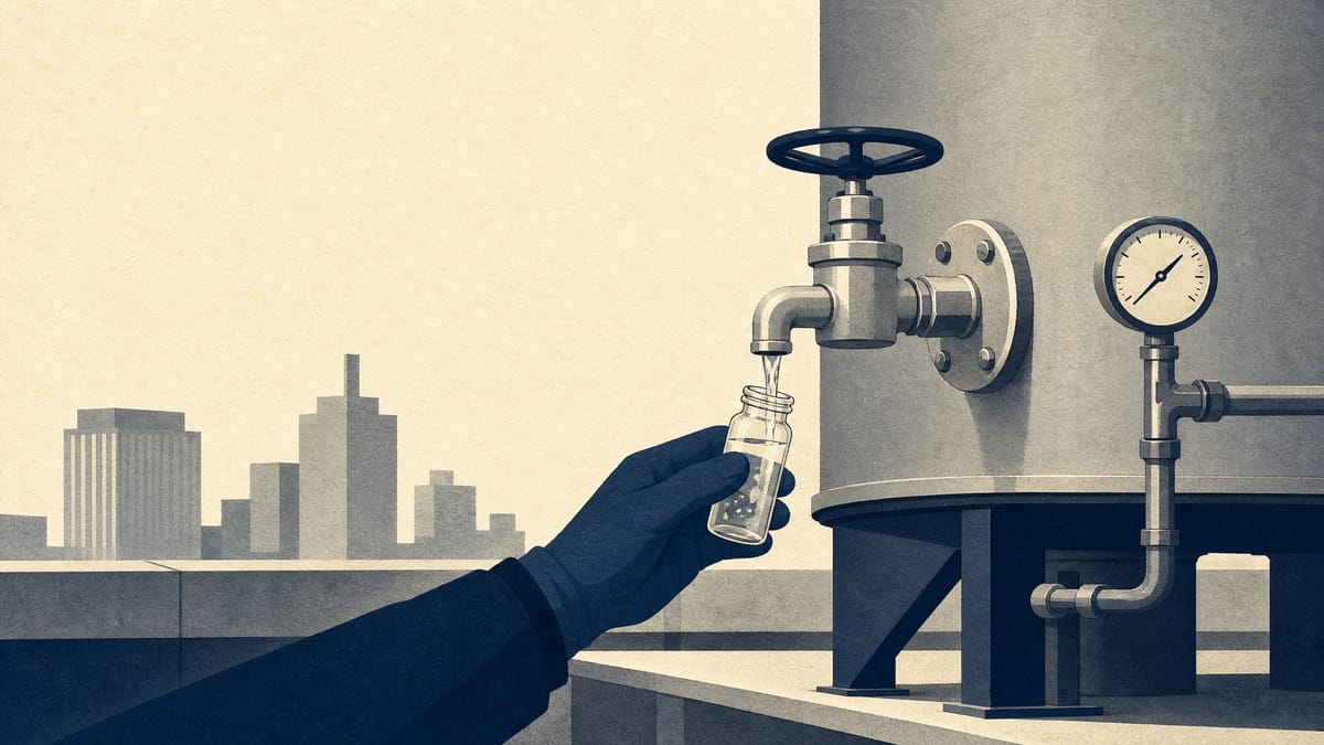 A technician fills a glass sample vial from a rooftop water tank valve to test a commercial building's drinking water supply.