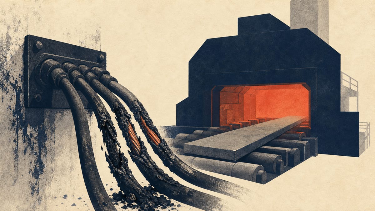 Charred power cables leading into a reheating furnace inside a halted steel hot-rolling mill.