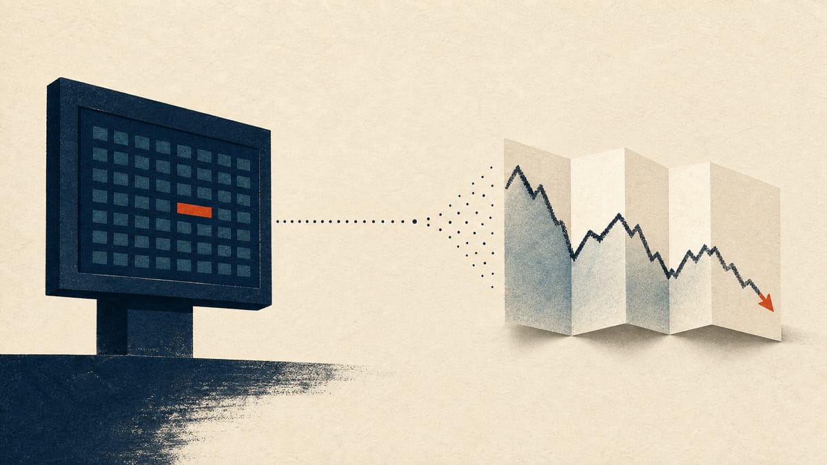 Illustration of a frozen exchange-traded note price next to a separate, diverging redemption-value ledger, representing a stale market quote.