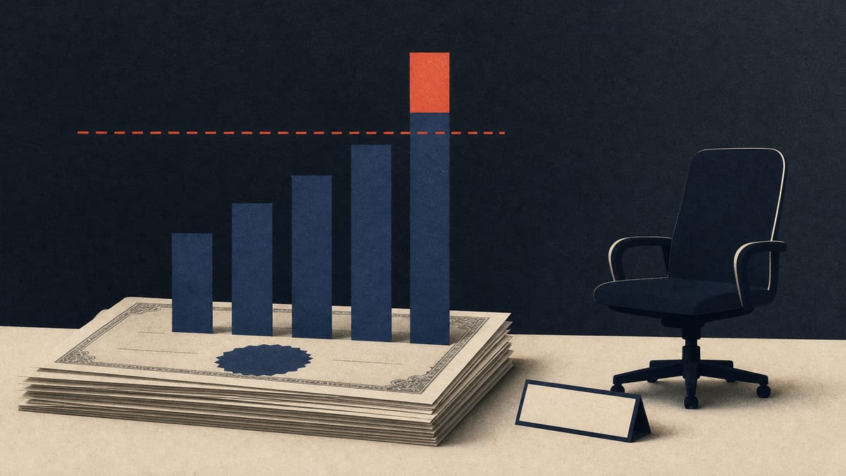 Illustration of a rising ownership-stake bar chart past a percentage threshold, with stacks of stock certificates and an empty chair holding a removed nameplate, symbolizing an activist investor's growing stake and governance pressure.