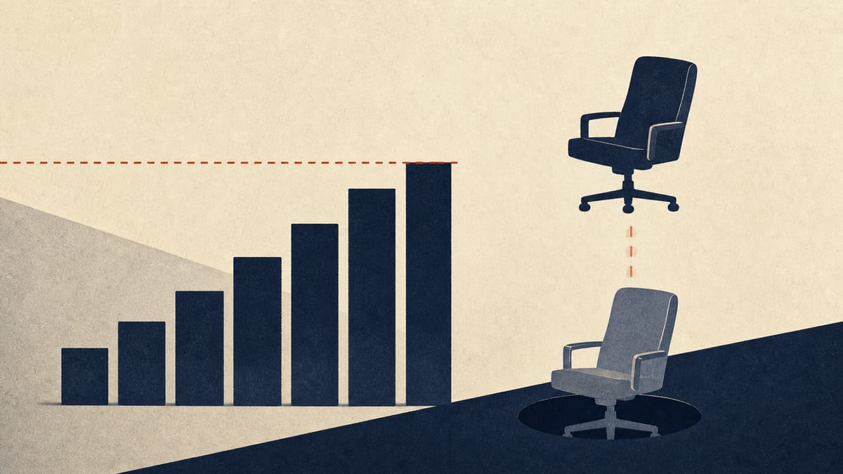 Illustration of an ownership-percentage bar chart nearing a marked governance threshold beside an empty boardroom chair being swapped out, symbolizing an activist investor's rising stake and leadership demands.