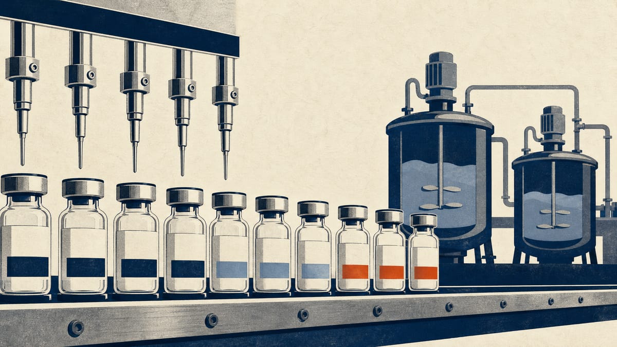 Vaccine vials moving along a stainless steel filling line, with color-coded batch labels representing different virus-strain formulations.
