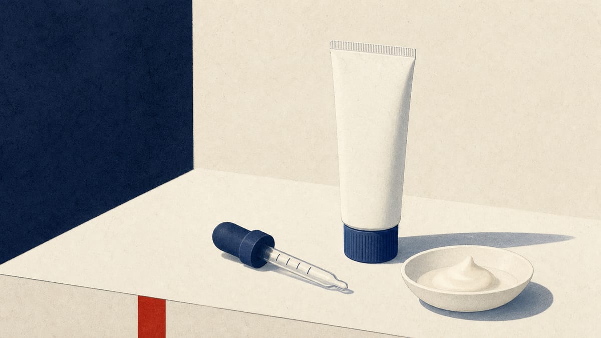 Editorial illustration of a topical cream tube and pediatric dosing dropper representing a children's eczema treatment approval.