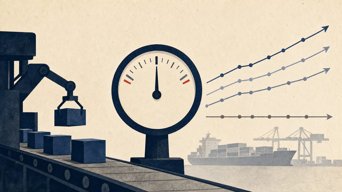 Illustration of a factory gauge holding at a steady neutral reading while export containers and mixed upward and flat trend lines represent Japan's economic indicators.