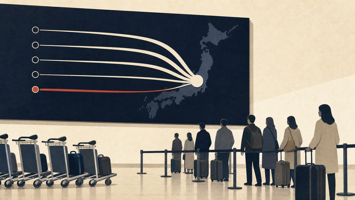 空港の到着案内板と航空路線を描き、一部の路線が細くなる一方で他の路線が太くなる様子で訪日旅客の流れの変化を表す社説風イラスト