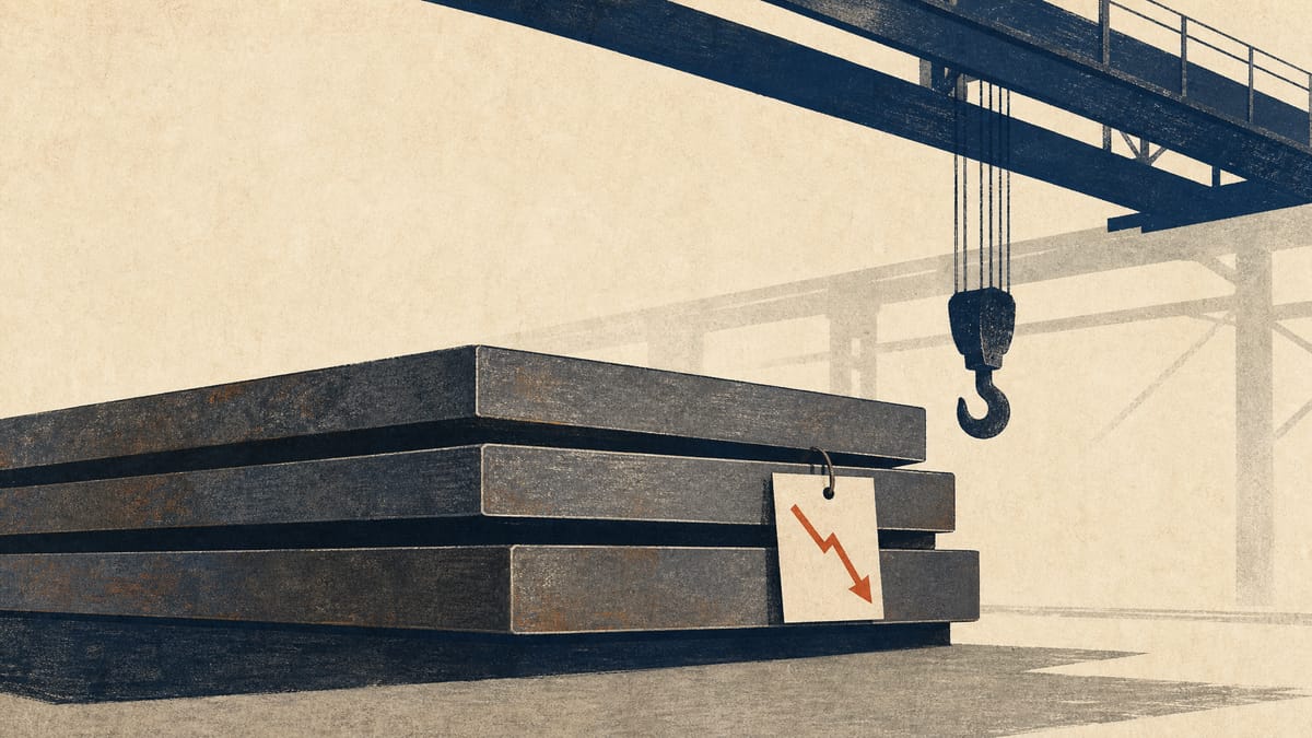 Editorial illustration of stacked steel plates in a mill yard with a downward price-arrow marking, symbolizing lagging price increases for steel plate.