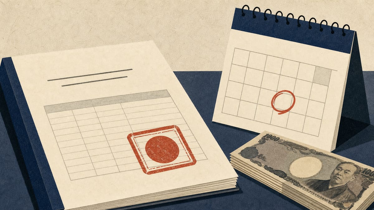 Illustration of a compliance ledger stamped for enforcement beside a calendar marking a November payment deadline and a small stack of yen banknotes.