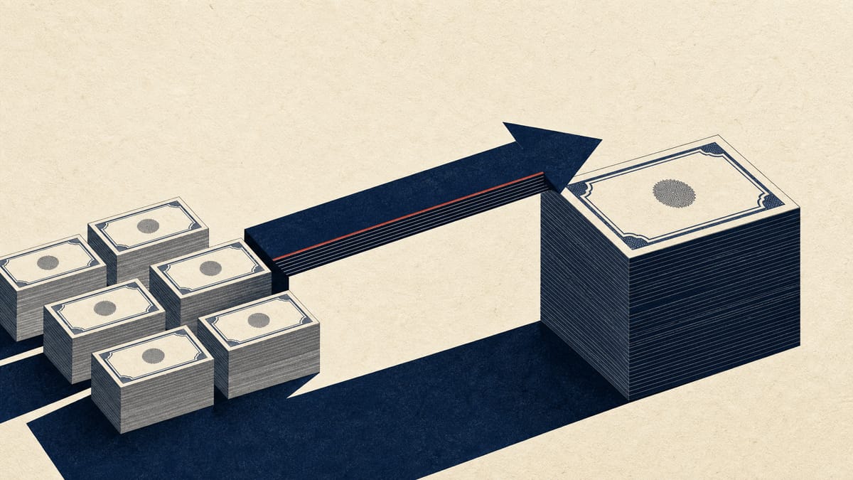 Abstract illustration of many small share blocks being merged into a single large share block by a bank-ledger-shaped beam, representing debt-financed consolidation of ownership.