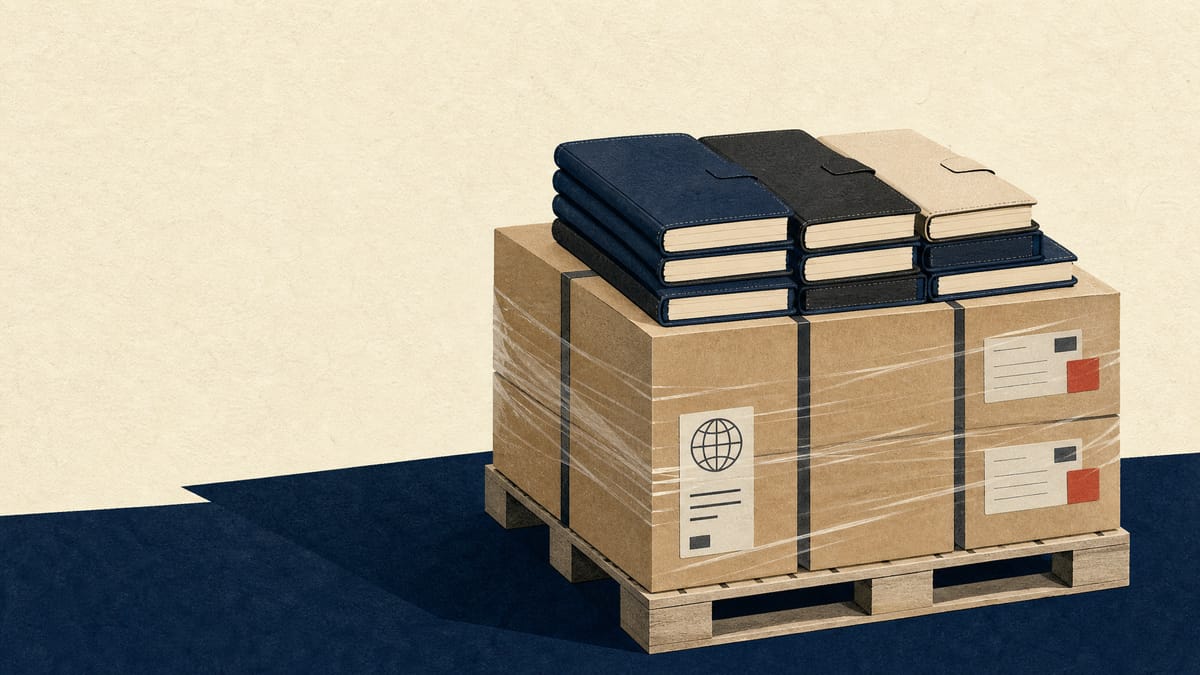 Illustration of stacked paper planners on a wholesale shipping pallet with export labels, representing rising overseas orders.