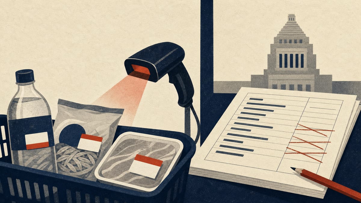 スーパーマーケットの棚で食品の値札が付け替えられている様子と、その隣で政府予算の項目が線で消された帳簿のイラスト