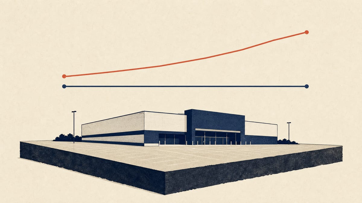 Blueprint-style illustration of a retail store's land parcel with a flat rent line and a rising inflation-linked rent line overlaid above it.