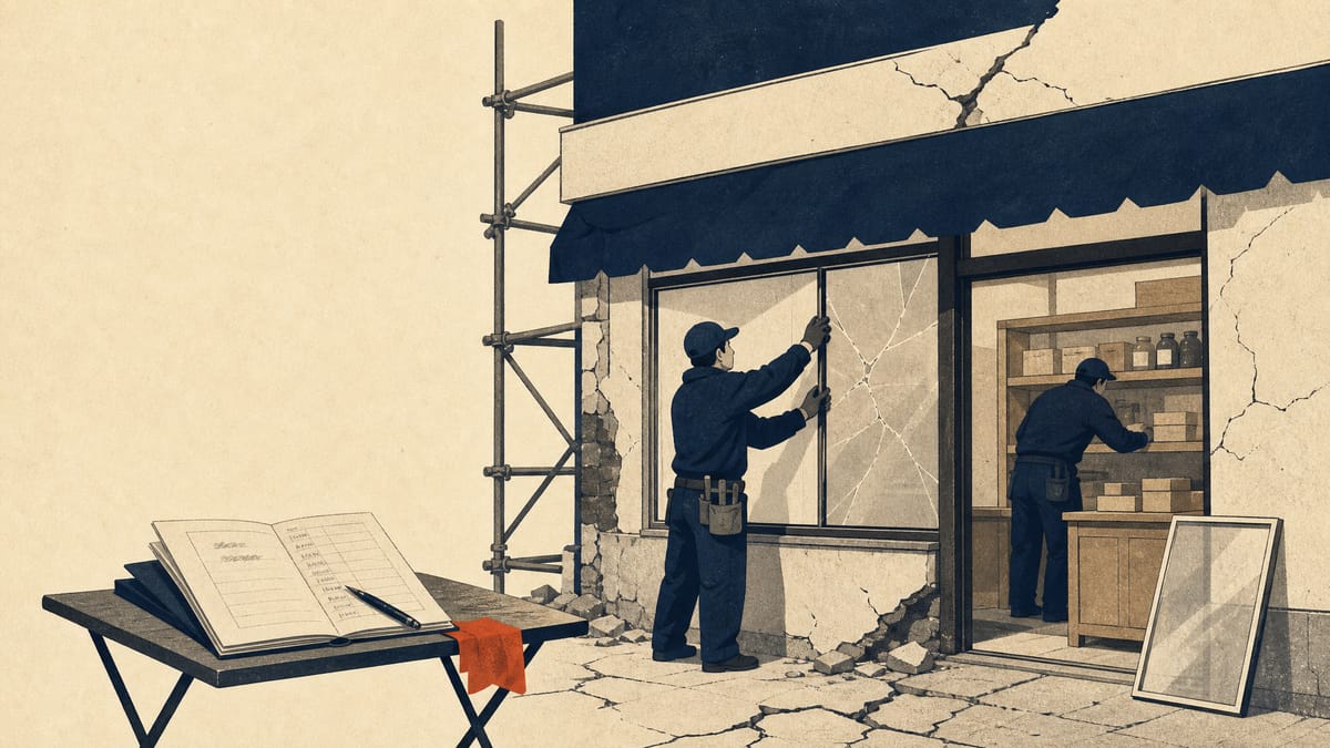 Illustration of a small Japanese shopfront being repaired after an earthquake, with workers replacing a window and restocking shelves, and a blurred ledger of yen figures nearby.