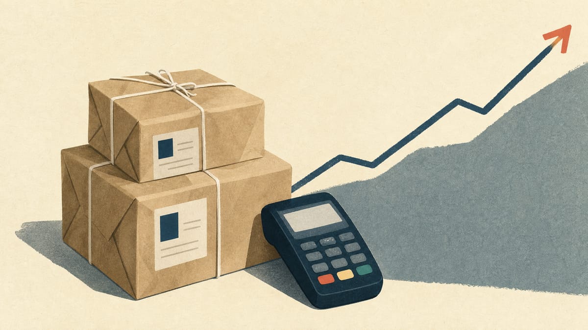 Illustration of stacked secondhand-resale shipping parcels beside a handheld card payment reader, evoking Mercari's marketplace and fintech growth.