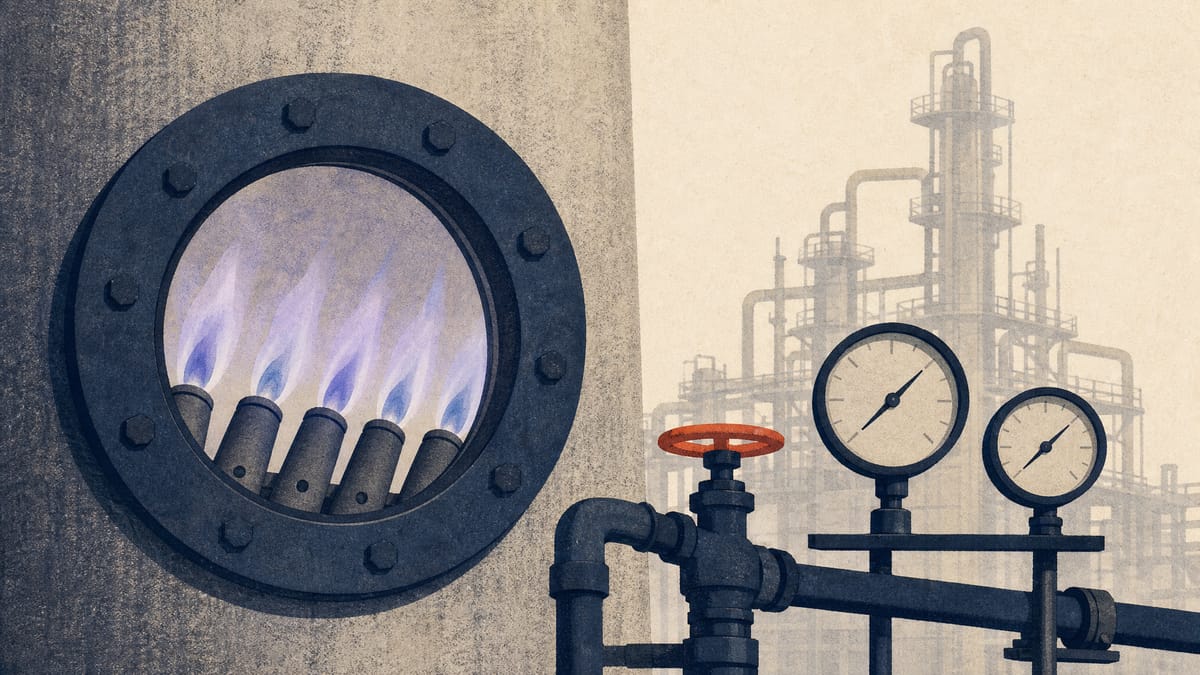 Illustration of an industrial furnace burner burning ammonia fuel inside a naphtha cracking unit, with fuel piping and gauges visible.