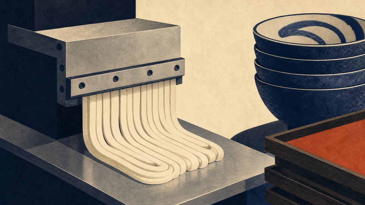 Editorial illustration of fresh udon noodles being cut on a stainless steel production line in a restaurant kitchen, evoking a food-business ownership transfer.