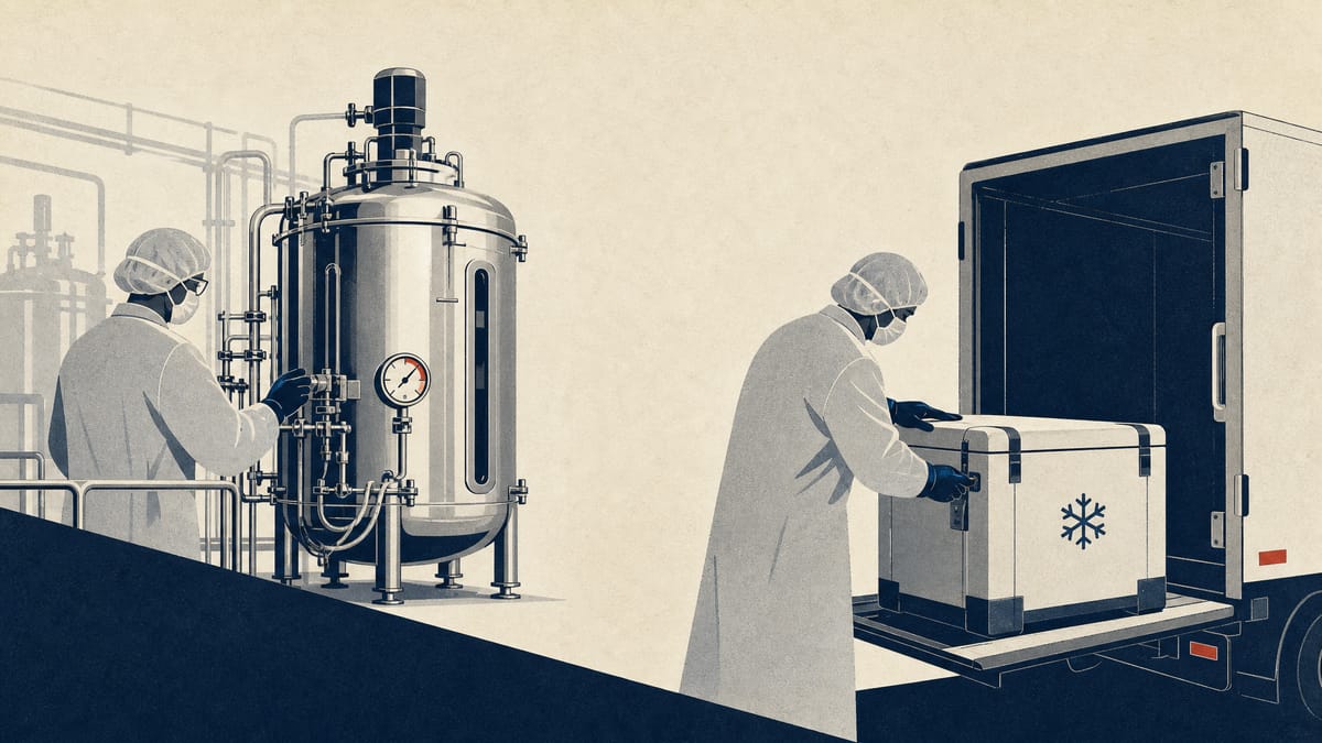 Editorial illustration of a cell-therapy manufacturing cleanroom with bioreactor tanks and cryogenic shipping containers being prepared for hospital delivery.