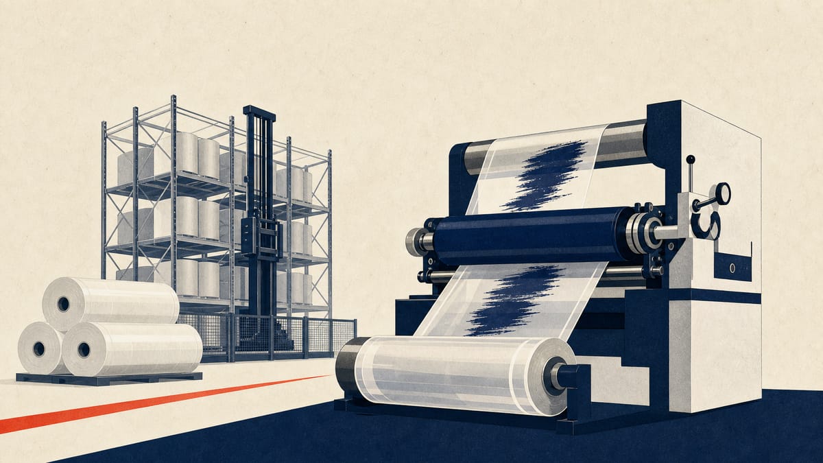 Illustration of a flexographic printing press producing flexible packaging film with automated warehouse racks in an industrial plant.