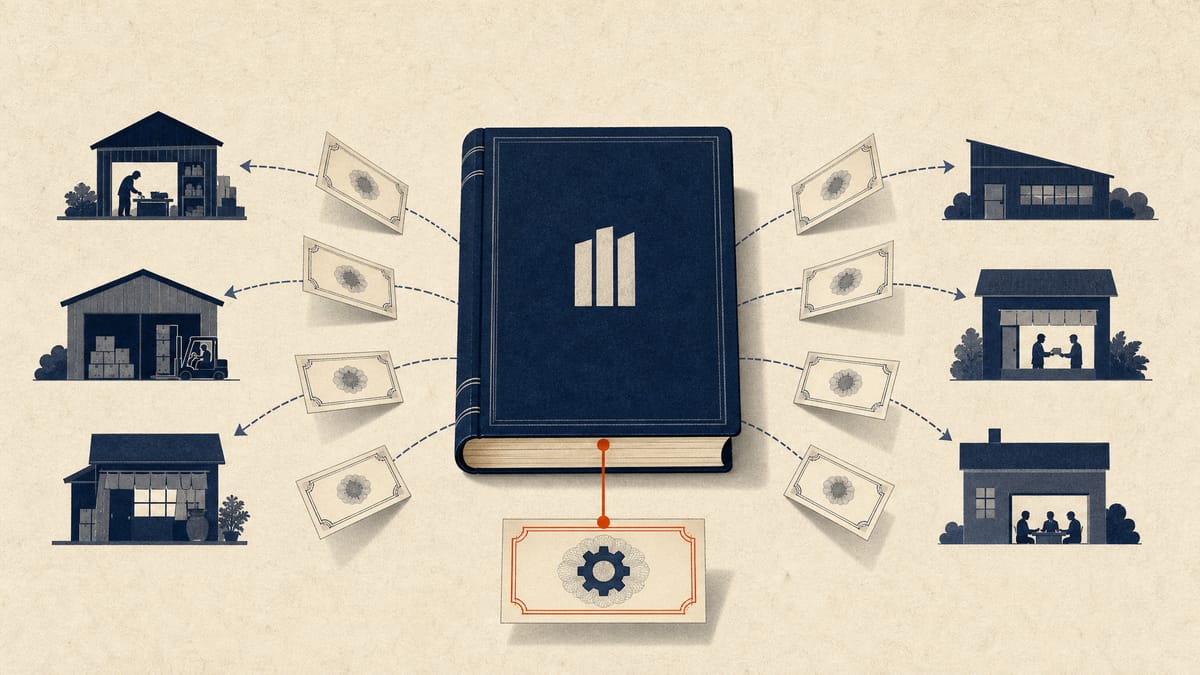 Illustration of a bank ledger distributing many small, evenly sized ownership certificates outward to miniature workshop and warehouse icons, representing a widely dispersed shareholder base.