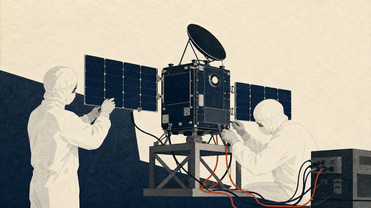 Editorial illustration of engineers assembling a satellite frame in a clean room, representing financing for satellite manufacturing and launch costs.