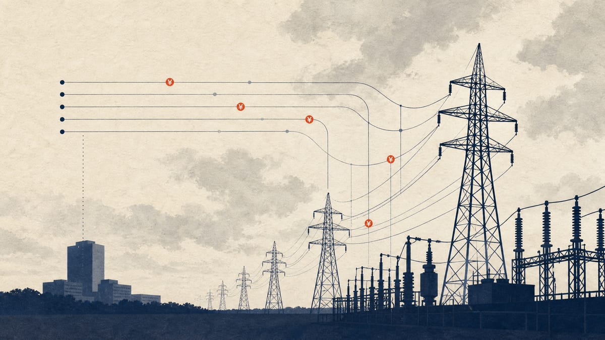Editorial illustration of electrical transmission towers with abstract financial ledger lines overlaid, representing loan covenants placed on a Japanese power grid utility.