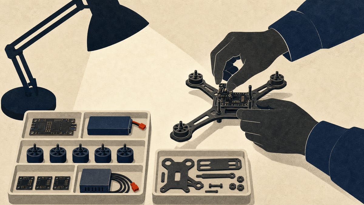 A technician assembling a small drone from modular flight-controller, battery, and motor components on a factory workbench.