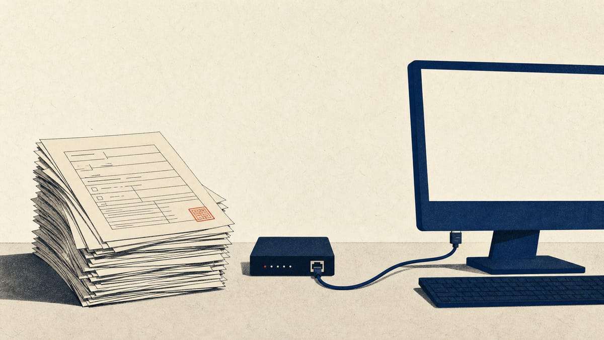 A clinic office desk with a stack of paper forms next to a desktop computer and router connected by an ethernet cable, symbolizing the shift from paper to digital medical certification records.