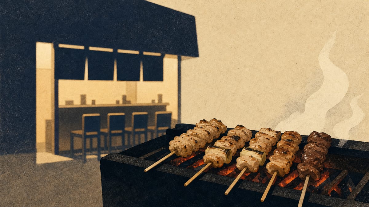 Illustration of a yakitori grill counter with skewers over charcoal flame inside a restaurant kitchen.